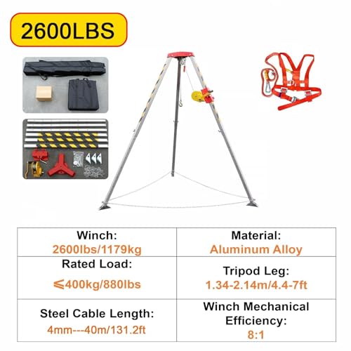 Kit treppiede anticaduta per soccorso stradale | Gambe regolabili da 1,3 m a 2,1 m | Dispositivo di sicurezza in spazi ristretti | Attrezzatura di soccorso in alluminio | Capacità 544,3 kg-1179,3 kg