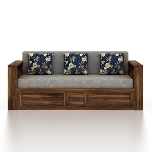 Image of Ganpati Arts Solid Sheesham Wood 3 Seater Lurid Sofa Cum Bed with Side Pocket for Living Room Bed Room Wooden Bedroom Furniture for Home (Teak Finish)