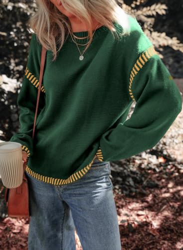 Image of Dokotoo Sweaters for Women Crewneck Long Sleeve Contrast Cable Knit Tops | Early Fall Fashion, Solid Loose Fit Pullover Sweaters, Oversized Stitching Fall Clothes Outfits, Winter Clothing for Women