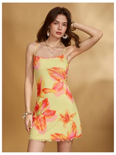 Image of Floerns Women's Summer Spaghetti Strap Cowl Neck Satin Mini Tropical Dress