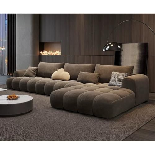 Image of Modern Classic Cloud Puffy Velvet Sofa Tufted Structure Round Arm L-Shaped Sofa Set Supported Round Back with Throw Pillows for Living Room, Hallway Apartment (3+1 & footrest Brown)