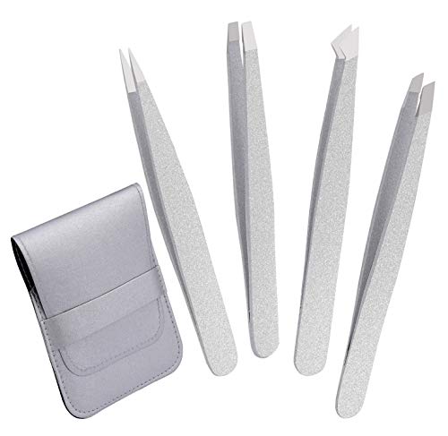 Professional Best Eyebrows Hair Plucking 4 Precision Tweezers Pack, Slanted Tweezer Tip Women Facial, Splinters, Blackhead, Tick, Pointed Ingrown Removal Grooming Beauty Tools Silver Shine Color