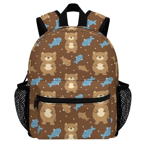 Kid's Mini Backpack 12 Inch Brown Bear And Blue Fish Backpack Schoolbag Preschool Kindergarten Children Bag Nursery Travel Bag for Toddler Boys Girls Age 3-7