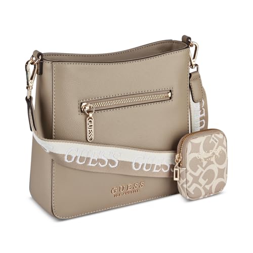 Image of Guess Women Beige Textured Detachable Strap Crossbody Bag with Pouch