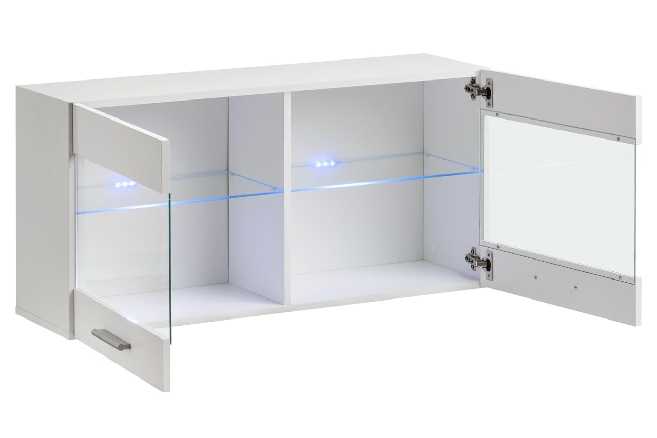 Komodee, Vetrina Savona - Armadio in vetro, Bianco/Nero, larghezza 100 cm x altezza 50 cm x profondità 30 cm, LED Blu, 2 ripiani in vetro, 2 ante per soggiorno, cucina