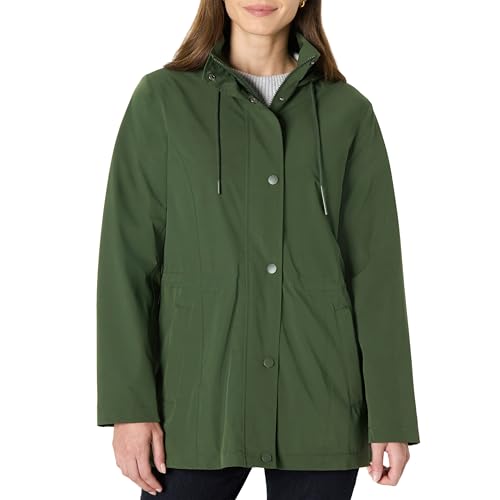 Amazon Essentials Damen Leichte, Wasserdichte, Lange Relaxed-Fit-Regenjacke mit Kapuze, Dunkelgrün, M