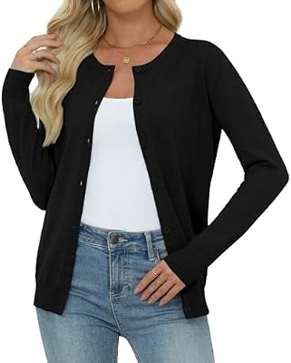 Yincro Womens Crew Neck Long Sleeve Knit Cardigan Sweaters (Black, M)
