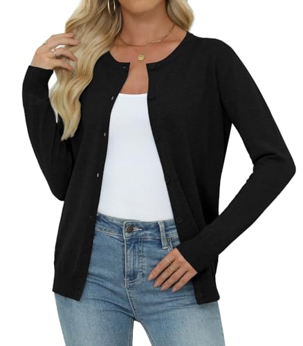 Yincro Womens Lightweight Crewneck Cardigan Long Sleeve Soft Knit Cardigans Sweater (Black M)