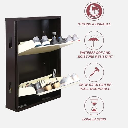 Image of Metal Shoe Rack Wall Mounted for Home with Central Locking 2 Door 20 inch Wall Mounted Metal 4 Pair Rack Cabinet |Pre-Assembled Shoe Rack Shelves |3 Years Warranty (Brown & Ivory)