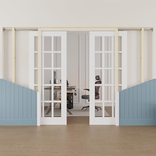 Image of 64 inch x 80 inch (Double 32 inch x 80 inch) 15-Lite Clear Glass Pocket Door, Soft-Close Sliding Pocket Door with Frame & Hardware Kit Set, Primed All-Inclusive Interior Door Slab for Home, White, Need to Assemble