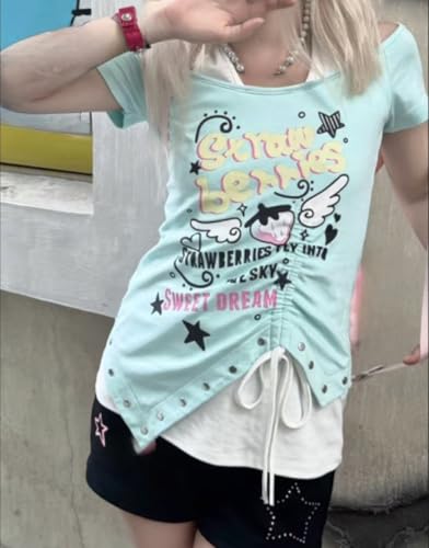 Image of Kawaii Cutecore Harajuku Y2k 2000s Tops Summer Preppy Aesthetic Alt Goth Emo Short Sleeve Graphic Tees