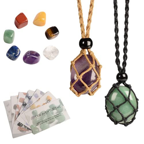 Anjiucc 7 Chakra Natural Gemstone Crystal With 2Pcs Empty Necklace Holder Necklace Cord Stone Holder Pendant Stone Holder Replacement Hand-Woven Necklace Cord With Adjustable Length #TOP11