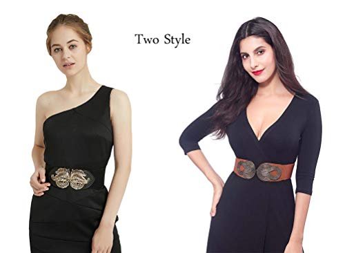 VOCHIC 2pcs Vintage Basic Stretchy Elastic Wide Waist Belt for Womens Dress Metal Interlock Buckle2