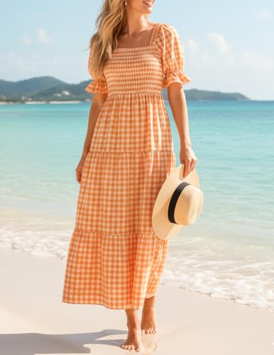 Image of ZESICA Women's 2026 Boho Summer Dresses Gingham Puff Sleeve Square Neck Flowy Beach Midi Dress