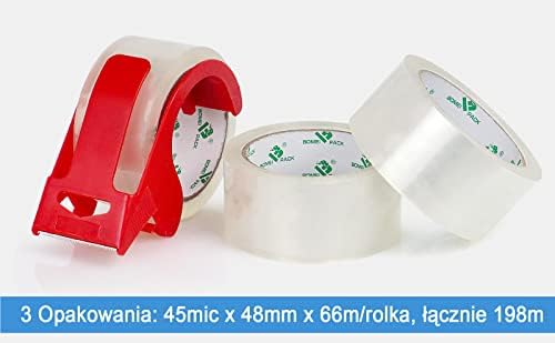 BOMEI PACK Wysokiej jakości taśma pakowa i manipulacyjna, szerokość 4,8 cm x 66 m, krystalicznie czysta, 3 opakowania, z obcinaczem