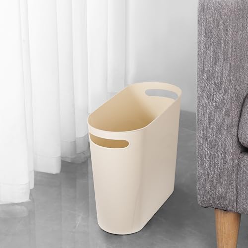Image of rejomiik Small Trash Can, 3.5 Gallon Slim Garbage Can Plastic Waste Basket with Handles Container Bin for Narrow Spaces Bathroom, Bedroom, Kitchen, Office at Home, 2 Pack Cream