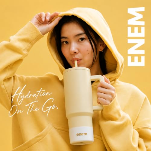 Image of enem Tumbler, Minimal Latte, Tumbler with Metal Straw, Sipper, with Lid Leak Proof, 1 Metal Ice Cube, 1 Copper Spring (Tamba), Base Protector, Mug Travel, 1.2L