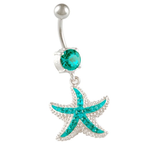 14 Gauge 10mm starfish belly button rings sexy dangle navel bar animal cute unique animal BEAG Starfish Blue Zircon