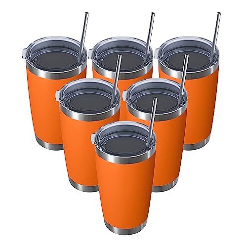 MUCHENGHY 20oz Stainless Steel Tumbler with Lid and Straw, Double Wall Vacuum Insulated Travel Coffee Mug, Powder Coated Thermal Cup for Cold & Hot Drinks(Orange, 6 Pack)