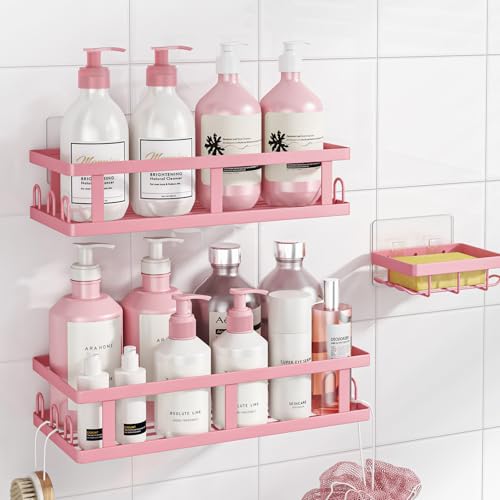 Image of Youvip Shower Caddy Adhesive,No Drill Bathroom Organizer,Large Capacity Rustproof Shelves for Inside Shower,Bathroom Organizers and Storage,Pink