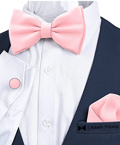 Image of Adam Young Men's Bow Ties with Handkerchief & Cufflinks Pre-Tied Style Formal Satin Classic Bowtie for Tuxedo Faux Silk