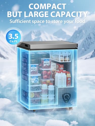 Image of Small Deep Freezer with Removable Basket, 3.5 Cu.ft Chest Freezer Top Door Open, 7 Grade Temperature Control Ideal for Kitchen Apartment Office, Light grey