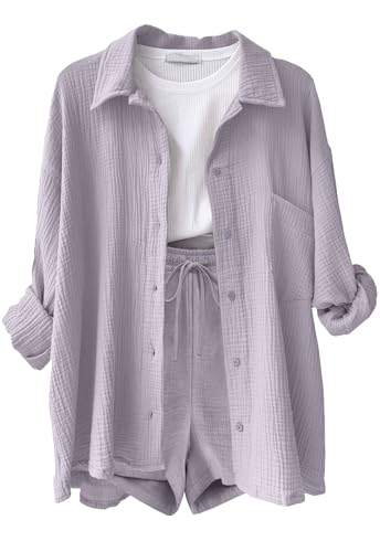 CheChury Conjunto De Camisa Y Pantalones Cortos Muselina Para Mujer Completo Verano Corto Cortos Top Blusa De Lino Casual Conjunto Verano Mujer Cordón Bolsillos Tracksuit Playa