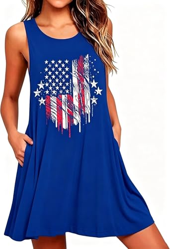 Image of Roshop Womens Juneteenth Flag Sleeveless Dress 4th of July Patriotic Swing Sundress with Pockets