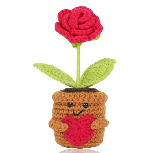 1 Stück Häkel-Rosenpflanze aus Wollgarn, Gehäkelte Blumen & Emotional Support Geschenk, ideal für Muttertag & Gute Besserung Wünsche (Rote Rose)