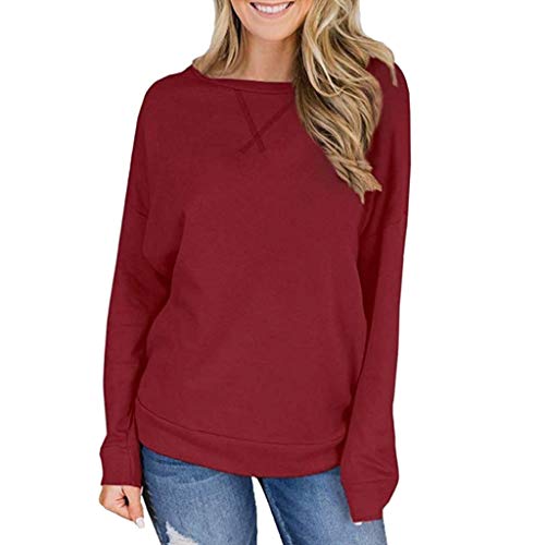 Women Crew Pullover Ladies Long Sleeve Solid Loose Casual Sweatshirt Blouse Tops Shirt Tunic Sweater Autumn Winter Clothes (Red, XXXL)