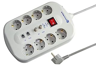Electraline 62113 Bloc 8 Schuko Fax/Modem + 2 Prises TV avec Interrupteur Protecteur, surcharges Filtre émi/RFI Câble 3G1 1,5 m Gris