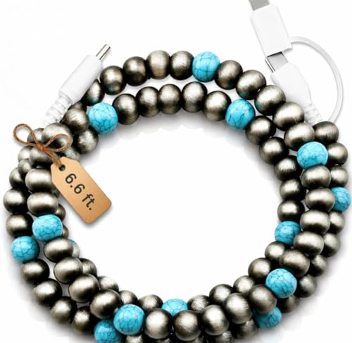 Image of Stylish Beaded Phone Charger Cable Colors USB Charging Cord for Smartphones (2-1 to USB C, Charcoal, 6.6ft)
