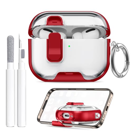 Image of Compatible Airpods Pro 3 Case (2025) with Phone Stand & Cleaner Kit,Print Soft Silicone Lock Clip Apple AirPods Pro 3rd Generation Case, Airpod Pro 3 Cover with Keychain for Women /Girls,Red