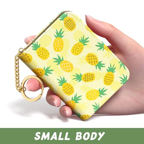 Image of Aiawoxc Credit Card Holder, Small RFID Wallet Slim Leather Card Organizer Case with Zipper and Keychain, Pineapples