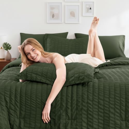 Image of HIMEET Full Size Comforter Sets - 7 Pieces Seersucker Bed in a Bag, Boho Bedding Sets for Bedroom Decor, All Season Home Essential Bed Set with Comforter, Sheets, Pillowcases & Shams, Olive Green