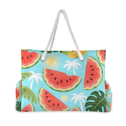 OTVEE Watermelon Tropical Leaves Pattern Beach Bags for Women Ladies Large Canvas Tote Shoulder Bag Waterproof Travel Bags for Gym Swim Pool Camping2