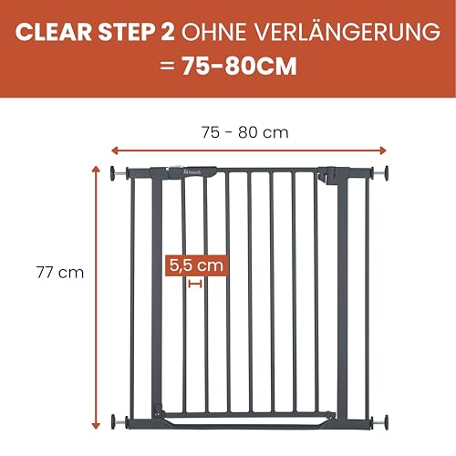 hauck Clear Step Autoclose 2, Dunkelgrau - Kinderschutzgitter Hundegitter Verstellbare Breite 75-80cm, 77cm Hoch, Selbstschließend, Flacher Einstieg, Beidseitige Einhand Öffnung, ohne Bohren