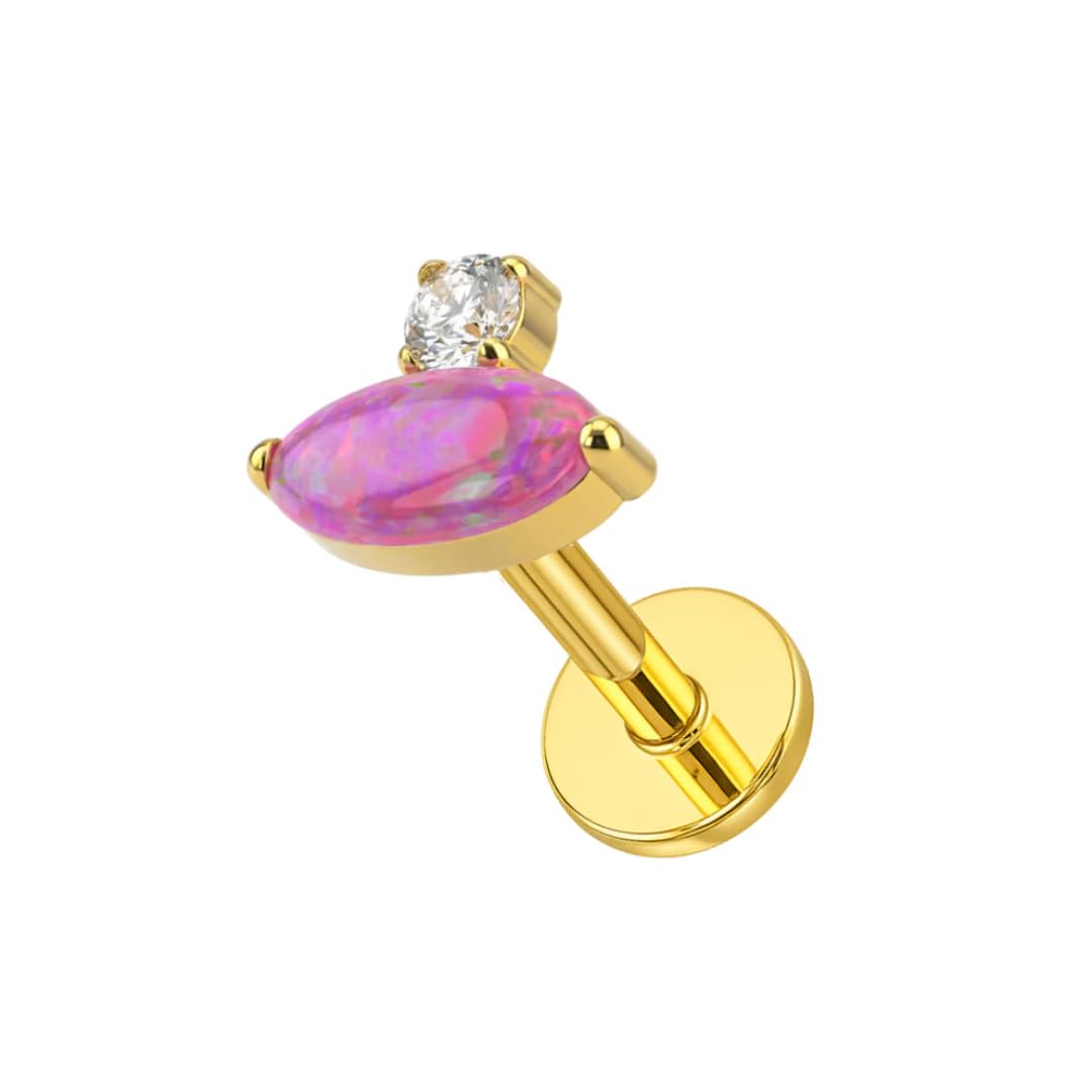 G23 Titan gewindelose flache Rückseite Ohrstecker für Frauen - ovaler Opal & Zirkonia CZ Knorpel Tragus Helix Labret Piercing Schmuck, hypoallergen, Sterlingsilber plattiert Push-In Körperschmuck