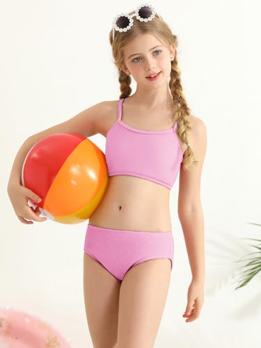 Image of Girl's 2 Piece Swimsuit Solid Spaghetti Strap Bikini Sets Beach Bathing Suit Swimwear for Teen Kids