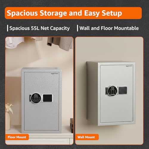 Image of Amazon Basics 55 Liters Fingerprint Safes for Home & Office - Fingerprint Lock 3-in-1 | locker safe with Motorized Door Locking Mechanism | Size : 55 H x 35 W x 36 D(cm) | Grey | Weight: 25 Kgs