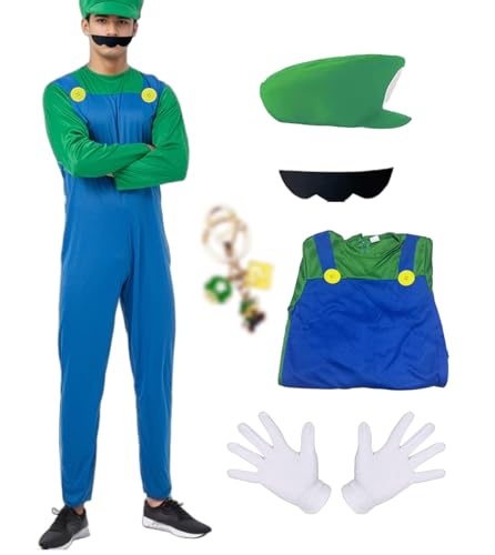Photo de JMOCD Costume Super Plumber Bros, Déguisement Mario Enfants Adultes Luigi Costume Cosplay avec Bonnet Pantalon Barbe Gants Porte Clef pour Carnaval Halloween Enfants
