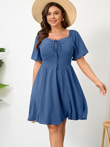 Image of RWJ Women Plus Size Summer Dress Short Sleeve Tie Front Sweetheart Neck Casual Mini Wedding Guest Dresses 2025
