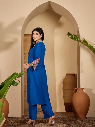Image of Stylum Women's Solid & Embroidered Rayon A-Line Kurta Pant Set