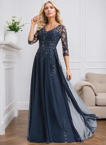 IIF Lace Applique Mother of Bride Dresses 3/4 Sleeve Chiffon Long Mother of The Groom Dresses for Wedding IIF1743