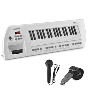 Pyle Electric Piano, 37-Key Music Keyboard, Built-in Stereo Speakers, Rechargeable Battery, Wired Microphone, Portable Design, Tones, 200 Rhythms (PKBRD37WT)