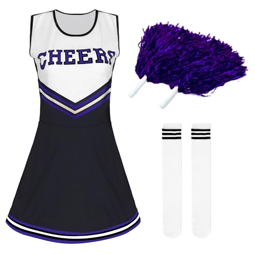 Women's Cheerleader Costume Outfit Cheer Dress with Pom Poms & Retro Striped Socks for Halloween Sports Events Theme Parties (Purple, L)