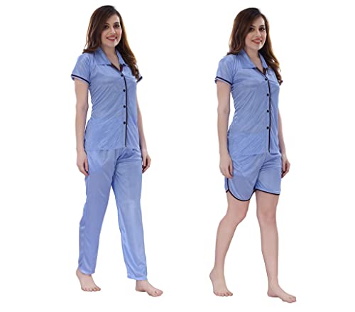 Image of Romaisa Women's Light Blue Satin Night Suit Set for Women - Stylish Pajama Set Sleepwear Lounge Wear Comfortable Nightwear