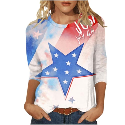 Image of Fourth of July Shirts for Women 3 /4 Sleeve Summer Tops American Flag Print T Shirt Patriotic 4th of July Shirts 2025