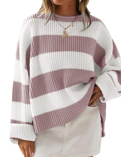 Image of ZESICA Women's 2026 Fall Long Sleeve Oversized Striped Color Block Comfy Loose Crew Neck Knitted Pullover Sweaters