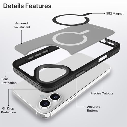 Image of eller sante Elementrix Back Cover Case for iPhone 16 Plus Scratch Resistant Camera Screen Protector TPU Shockproof 10ft Drop Protection Support Mag-Safe Wireless Charging- Black